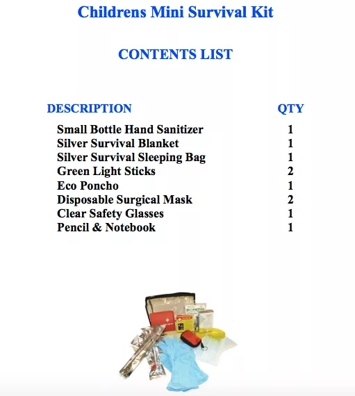 Childrens-Survival-Kit Contents List