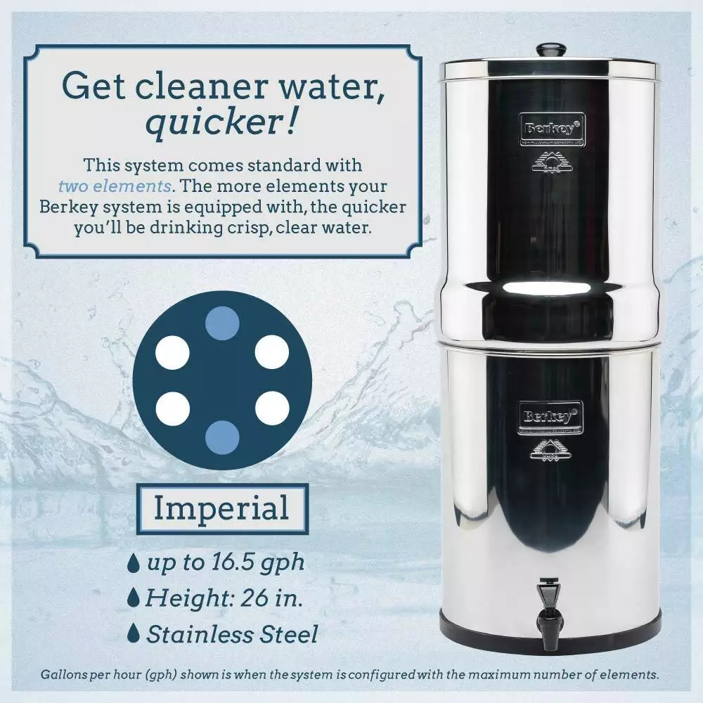 Imperial Berkey Water Purifier showing how many elements held