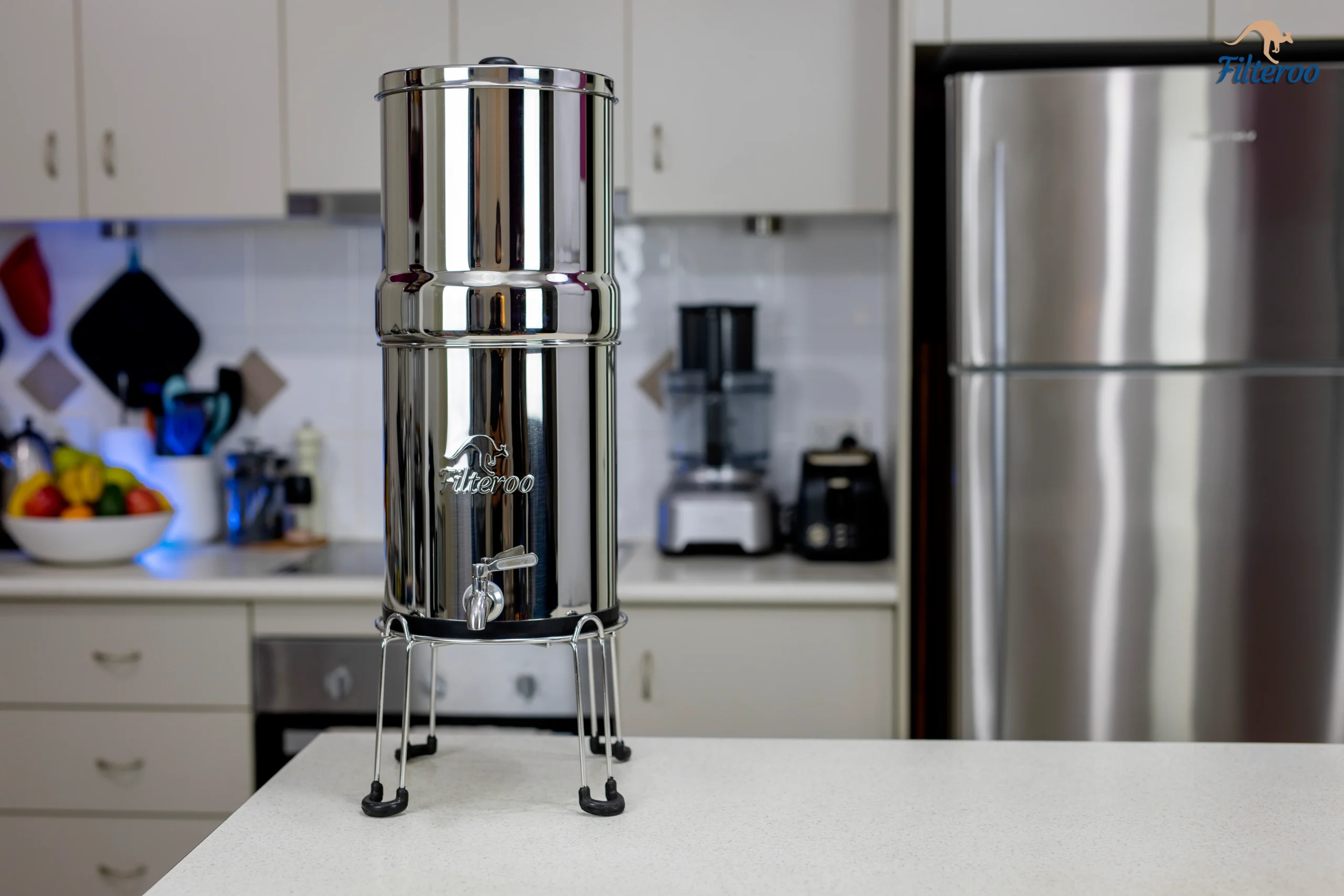 Filteroo Stainless Steel Gravity Water Filter 6L on benchtop