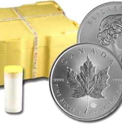 Canadian Silver Maple Leaf Coins also shown in a tube or a monster box